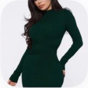 Fashion Nova Dark Green Long Sleeve Dress